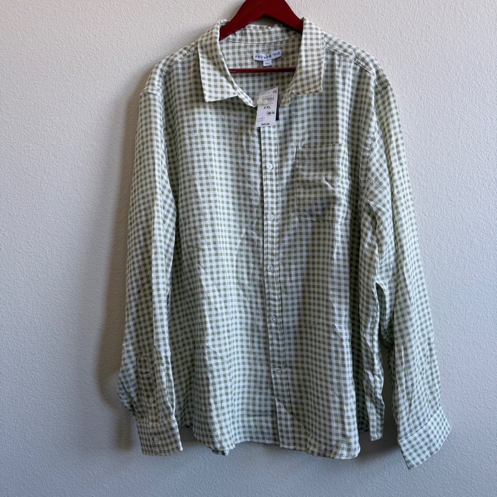 And Now This XXL Sage Green Gingham Check Button Up Shirt Long Sleeve NWT
